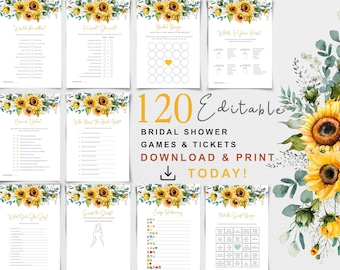 Sunflower Bridal Shower Games Bundle, Floral Hen Party (Editable, Printable)