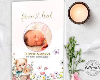 May include: A pink and white memorial card featuring a photo of a baby girl sleeping. The card includes the text "forever loved" in gold lettering and the baby's name, "ELSPETH SIMPSON", along with her dates of birth and death. The card is adorned with a teddy bear, butterflies, and flowers.
