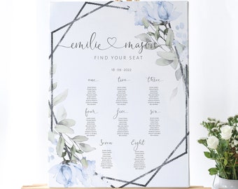 Wedding Seating Chart Template, Blue Floral and Silver Wedding Table Plan template, Editable, Printable Seating Sign, Digital, W-IZZY BL