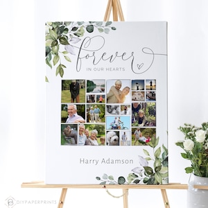 Greenery Funeral Photo Collage Sign, Collage Memorial, Forever in our Hearts, Funeral Welcome Sign, Eucalyptus Greenery  F-ALEX