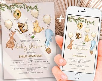 Vintage Winnie the Pooh Baby Shower Invitation: Gender Neutral Evite (Digital Download)