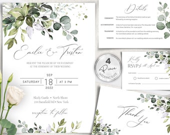 Greenery Wedding Invitation Template Suite, Wedding Invitation Set, Instant download, Editable, Printable wedding invite, W-ALEX