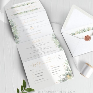 Greenery Wedding Invitation Template, Concertina invite, Tri Fold, Accordion, Folded invite, INSTANT DOWNLOAD, 100% editable text, FREYA