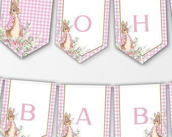 Oh Baby Baby Shower Banner Pink Peter Rabbit Bunting Flopsy Decor Flags Instant Download Shower Garland Decoration Custom Name Banner, PRBS