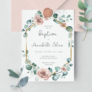 Baptism Invitation template, Girl Baptism Invite, Girls Christening Card, Baptism Boho Rose Floral Invite, Blush Pink Floral, CARMEN