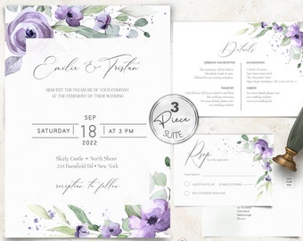Purple Floral Wedding Invitation Template, 3 Piece Set (Digital Download)