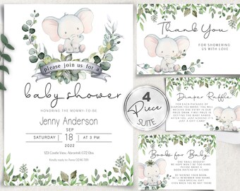 May include: A four-piece baby shower invitation suite in a green and white colour scheme. The invitation features a cute cartoon elephant with a floral wreath. The text on the invitation reads "Please join us for a baby shower honouring the mommy-to-be Jenny Anderson, Saturday, 18th September 2022 at 3 PM".