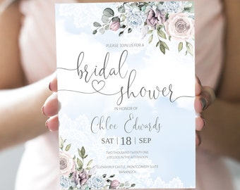 Bridal Shower Invitation, Shabby Chic Blue and Blush Pink Bridal Shower Invite, Vintage Bridal Shower Template, Instant Download, W-DELIA