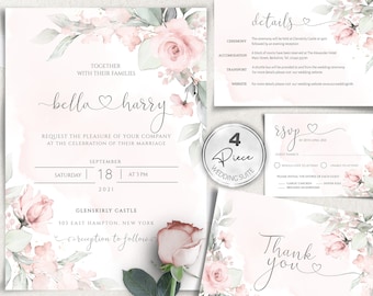 Blush Pink Floral Wedding Invitation Suite (Digital Download)