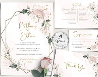 Blush Pink Floral Wedding Invitation Suite (Digital Download)