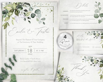 Greenery Wedding Invitation Template, Printable 4-Piece Set (Digital Download)
