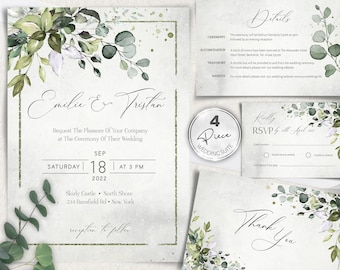 Greenery Wedding Invitation Template Suite, 4 Piece Wedding Invitation Set, Instant download, Editable, Printable wedding invite, W-ALEX