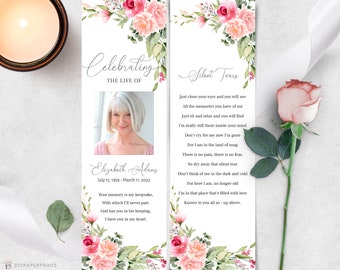 Editable Funeral Bookmark Template, Printable Funeral Bookmark, Pink Roses Floral Memorial Bookmark, Bookmark Memorial Keepsake, F-MILLIE