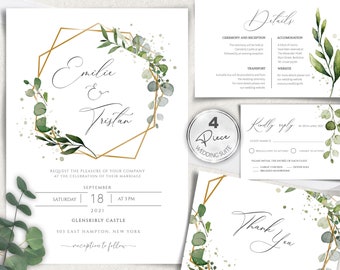 Wedding Invitation template Suite, Details and Rsvp, Eucalyptus Wedding Invite, Sage Wedding, 4 Piece Greenery Wedding Stationery Set, W-AMY