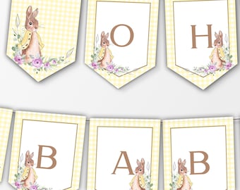 Baby Shower Banner EDITABLE Peter Rabbit Bunting Flopsy Yellow Decor Flags Gender NeutralShower Garland Decoration Custom Name Banner, PRBS