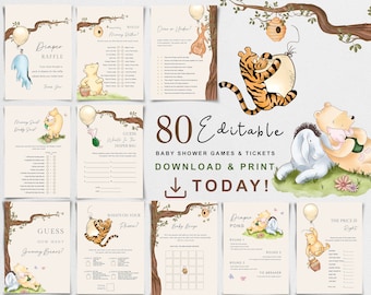 May include: 80 printable baby shower games and tickets featuring Winnie the Pooh and Tigger characters. The games include "Guess What's in the Diaper Bag", "Diaper Raffle", "Baby Bingo", "Guess How Many Gummy Bears", "What's on Your Phone", "Mommy Said, Baby Said", "The Price is Right", and "Diaper Pong".