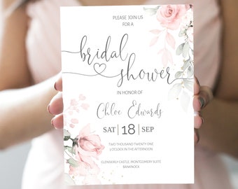 Bridal Shower Invitation, Blush Pink Bridal Shower Invite, Boho Bridal Shower Template, 100% Editable Text, Instant Download, W-IZZY