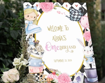 Alice in Wonderland 1st Birthday Welcome Sign: Mad Tea Party Decor (EDITABLE, Instant Download)