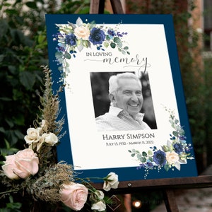 Editable Funeral Sign, Navy Memorial Sign, Celebration of Life Welcome, Funeral Welcome Sign, Navy and White Florals Funeral Sign, F-NADINE