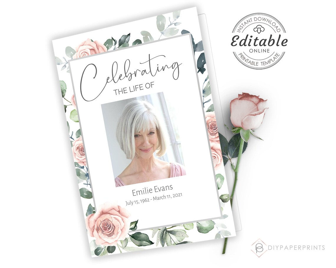Editable Funeral Program Template Pink Roses Funeral - Etsy