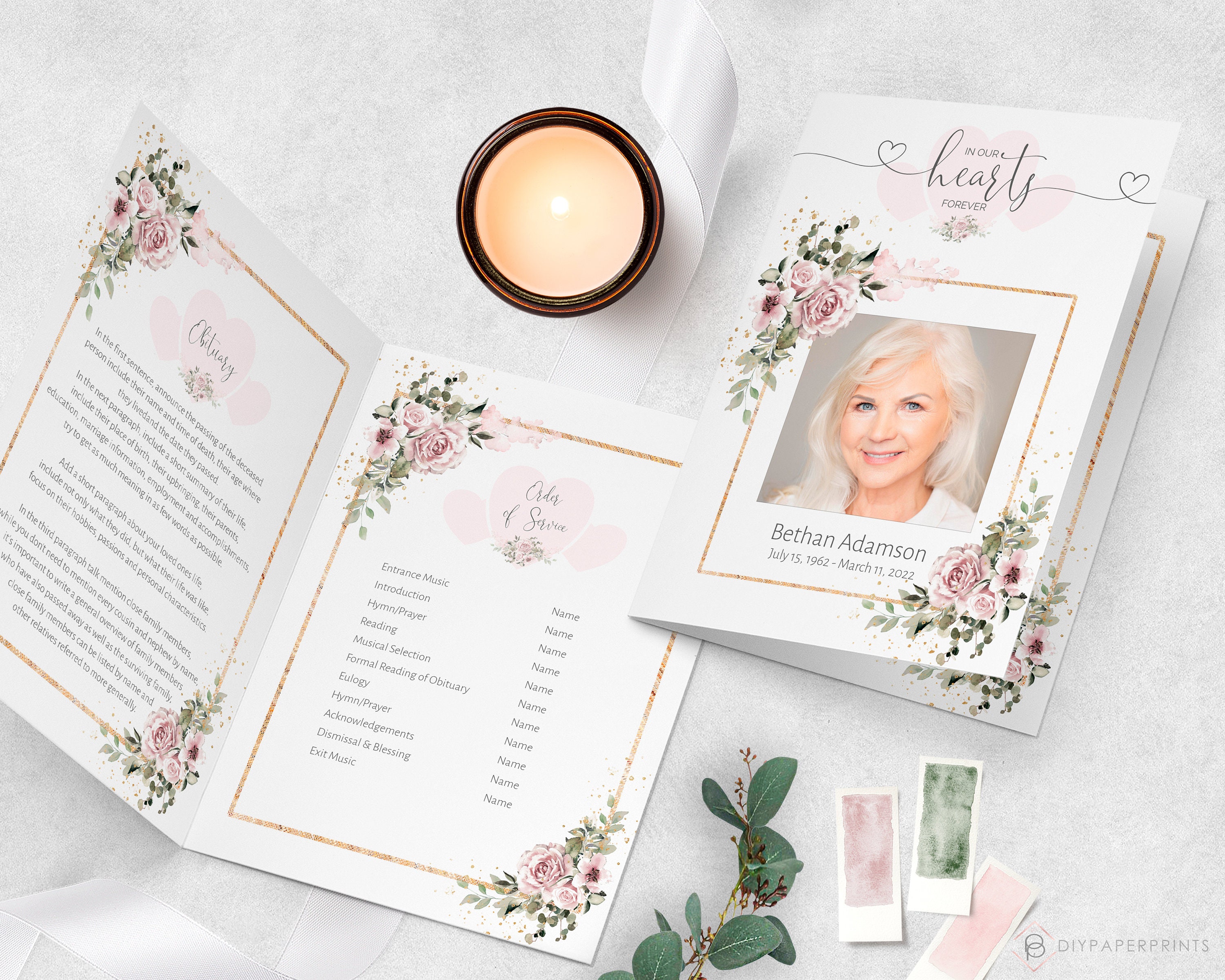 Editable Funeral Program Template, Vintage Pink Funeral Memorial