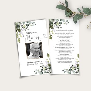 May include: A white and green floral sympathy card with a black and white photo of a man. The card reads "In Loving Memory" and "Harry Adamson, July 15, 1959 - March 11, 2022". The back of the card has a poem about remembering someone who has passed away.