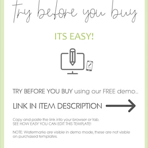 May include: A graphic with the text "try before you buy" and "ITS EASY!"  A computer screen with a pencil icon and a mobile phone with a pencil icon. The text "TRY BEFORE YOU BUY using our FREE demo... LINK IN ITEM DESCRIPTION" with a right arrow.