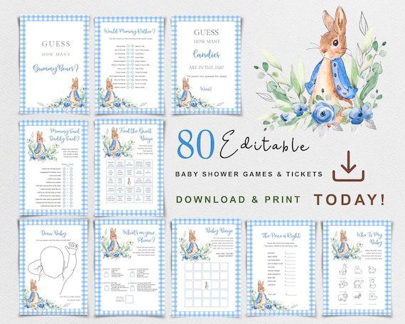 Peter Rabbit Baby Shower Games Bundle, Blue Peter Rabbit Baby Shower Games, Boy Peter Rabbit Shower Games, BSGB