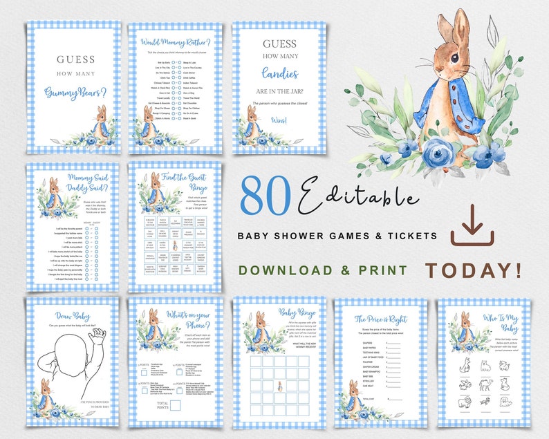 Puede incluir: Un conjunto de juegos y boletos imprimibles para baby shower. Los dise&ntilde;os presentan una ilustraci&oacute;n de acuarela de un conejito con una chaqueta azul y detalles florales. Los juegos incluyen "&iquest;Adivina cu&aacute;ntos ositos de goma?" y "Baby Bingo."