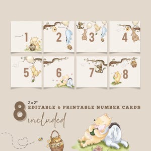 Peut inclure: Huit cartes de num&eacute;rotation imprimables de 5,08 x 5,08 cm avec des personnages de Winnie l'ourson. Chaque carte affiche un num&eacute;ro de un &agrave; huit, avec des illustrations de Winnie, Porcinet, Bourriquet et Tigrou. Les cartes ont un fond beige doux.
