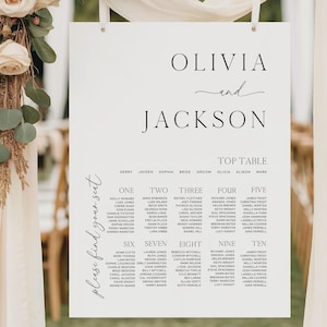 May include: A white wedding seating chart with the names "OLIVIA and JACKSON" in elegant black script. The chart lists guest names under table numbers, with the phrase "please find your seat" on the side.