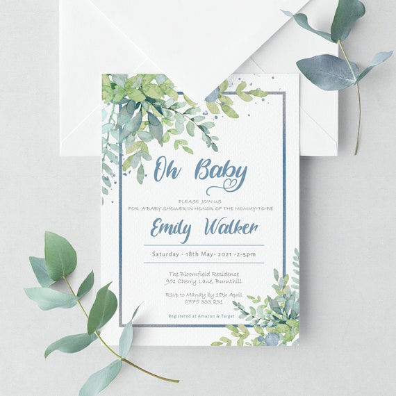 Baby Boy Greenery Oh Baby Invitation Template Set BERTY Printable Baby ...
