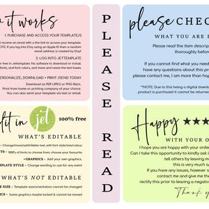 May include: A pink, green, blue, and yellow graphic with the text "How it works", "Please Check", "Edit in Jet 100% free", and "Happy" with five stars. The graphic explains how to purchase, access, and edit a template. It also includes information about the product being a digital download and a request for feedback.