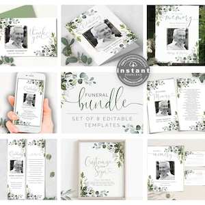 Funeral Bundle Set, Greenery Celebration of Life, Funeral Memorial Pack, In Loving Memory Suite, Printable Editable Funeral Templates F-ALEX