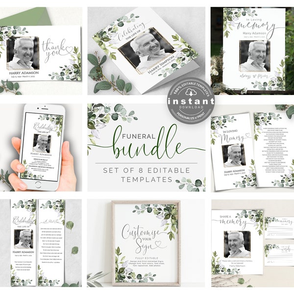 Funeral Bundle Set, Greenery Celebration of Life, Funeral Memorial Pack, In Loving Memory Suite, Printable Editable Funeral Templates F-ALEX