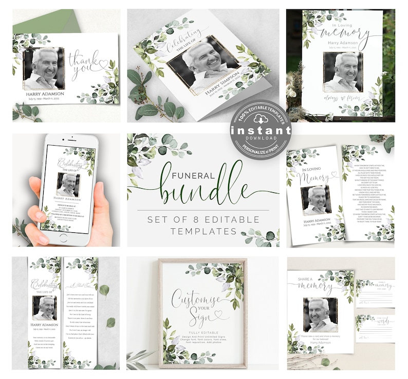 May include: A set of 8 editable funeral templates with a eucalyptus and greenery theme. The templates include a thank you card, an invitation, a memorial card, a sign, a program, a memory card, and a memory share card. The templates are fully customizable and can be personalized with photos and text.