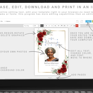 May include: A computer screen displaying a digital template for a memorial card. The template features a red floral design, a photo placeholder, and the text "In Loving Memory". The screen also shows editing tools for adding text, photos, and changing colors.