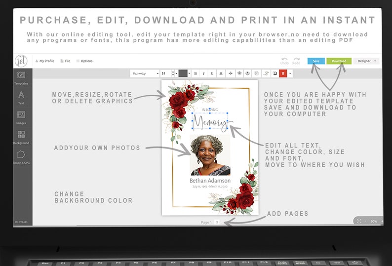 May include: A computer screen displaying a digital template for a memorial card. The template features a red floral design, a photo placeholder, and the text "In Loving Memory". The screen also shows editing tools for adding text, photos, and changing colors.
