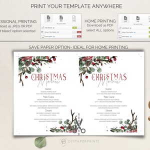 May include: Printable Christmas menu template with a watercolor design featuring red berries, pine cones, and greenery. The menu includes sections for starter, main course, and dessert. The text "Christmas Menu" is written in red.