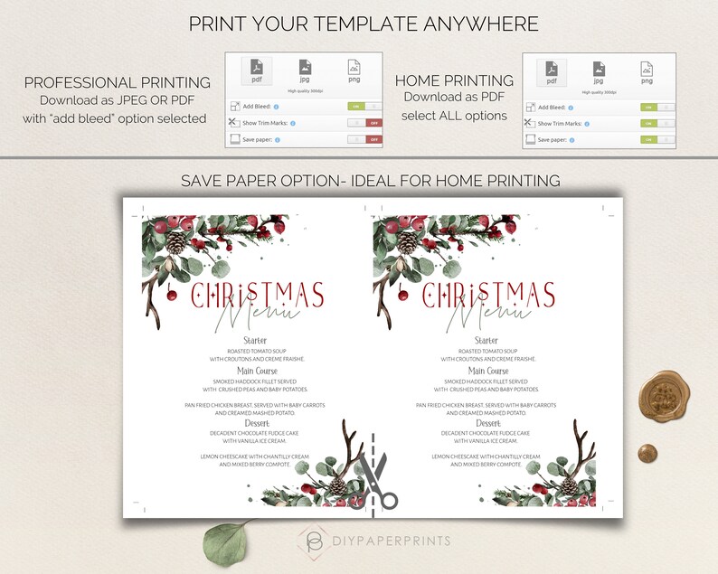 May include: Printable Christmas menu template with a watercolor design featuring red berries, pine cones, and greenery. The menu includes sections for starter, main course, and dessert. The text "Christmas Menu" is written in red.