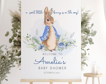 Peter Rabbit Baby Shower Welcome Sign, Blue Bunny Decor (Digital Download)