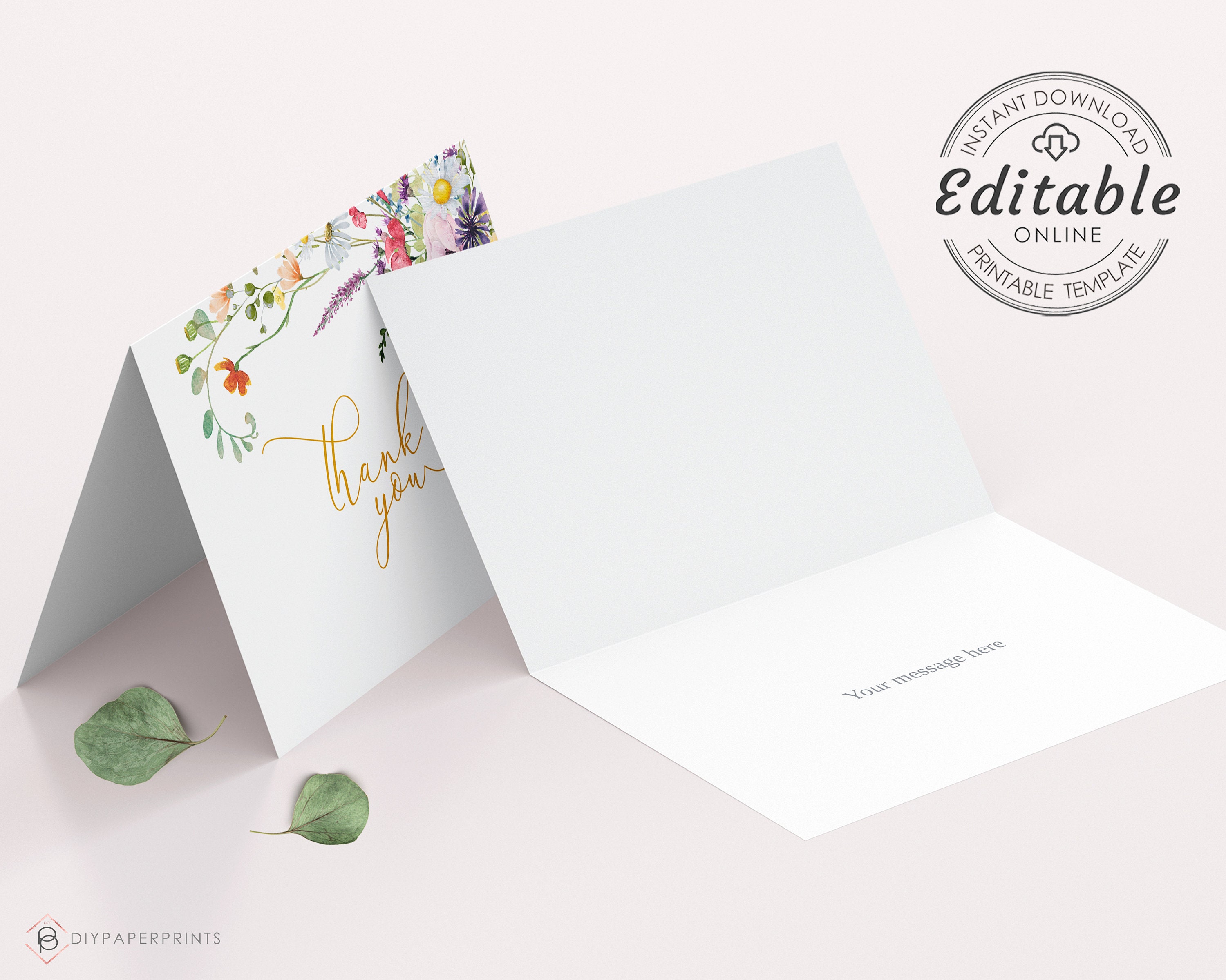 Wild Flowers Thank You Card Template, Editable Digital INSTANT DOWNLOAD ...