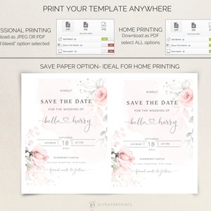 May include: A save the date card with a watercolor floral design in shades of pink and green. The text reads "Kindly Save the Date for the Wedding of Bella & Harry" with the date and location of the wedding.