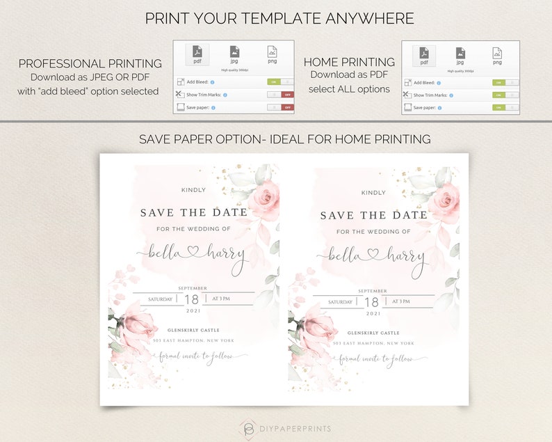 May include: A save the date card with a watercolor floral design in shades of pink and green. The text reads "Kindly Save the Date for the Wedding of Bella & Harry" with the date and location of the wedding.