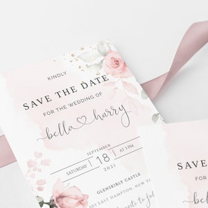May include: Save the date card with a watercolor background featuring pink roses and greenery. The text reads "Kindly Save the Date for the Wedding of bella harry Saturday September 18 2021 at 3 PM Glenskirly Castle 303 East Hampton, New YC".
