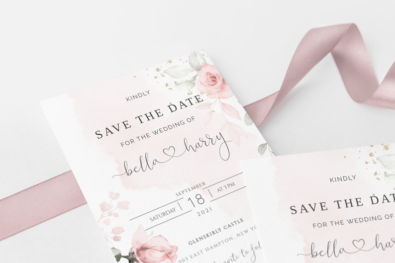 May include: Save the date card with a watercolor background featuring pink roses and greenery. The text reads "Kindly Save the Date for the Wedding of bella harry Saturday September 18 2021 at 3 PM Glenskirly Castle 303 East Hampton, New YC".