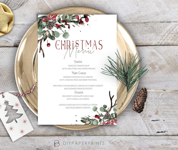 Christmas Menu Template: Berry Holiday Design (A5 & A4, Instant Download)