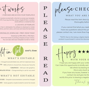 May include: A pink, green, blue, and yellow graphic with text that reads "How it works", "Please Check", "Edit in Jet 100% free", and "Happy". The graphic provides information about purchasing, editing, and using a digital template.