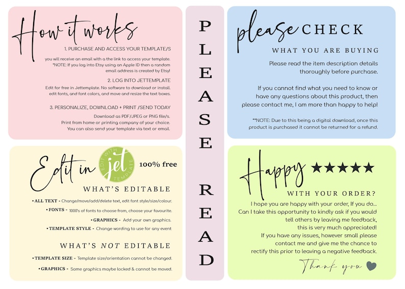 May include: A pink, green, blue, and yellow graphic with text that reads "How it works", "Please Check", "Edit in Jet 100% free", and "Happy". The graphic provides information about purchasing, editing, and using a digital template.