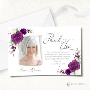 May include: Thank you card with a purple floral design and a photo of a woman. The card reads "Thank You" and includes the text "There are no words to express our heartfelt gratitude for the sympathy and support you have extended toward our family during this difficult time of loss. Thank you. From the Adamson family."